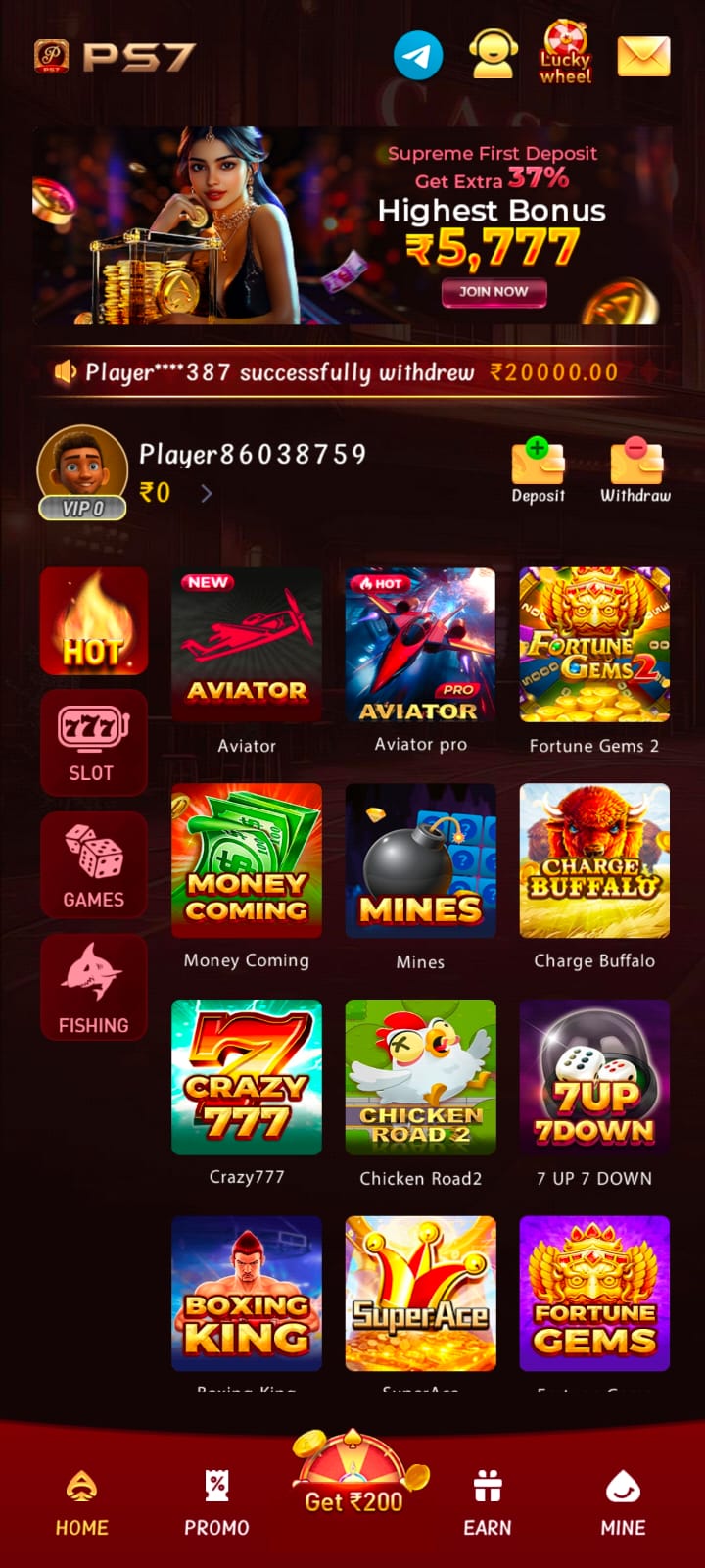 PS7 Game home screen showing popular slots and jackpot games